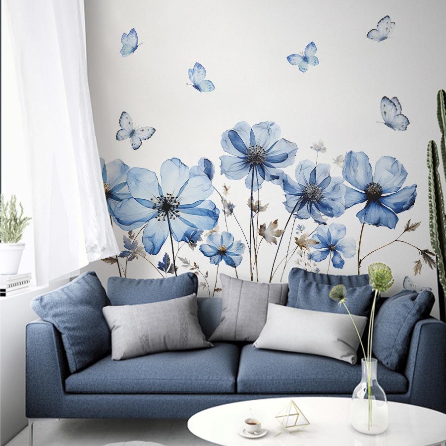 Fresh Blue Butterfly & Flower Wall Sticker Self-Adhesive Decal for Bedroom Living Room Entrance Home Decor