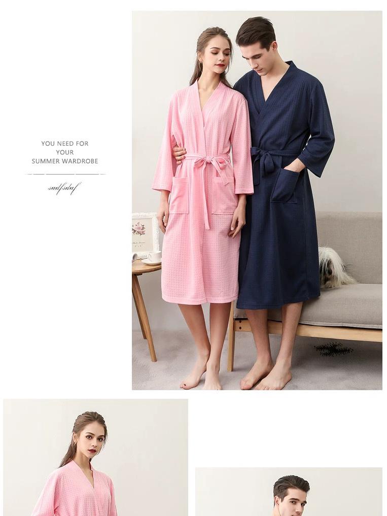 Summer Waffle Mid-Length Bathrobe - Unisex Seven-Sleeve Pajama & Homewear for Couples