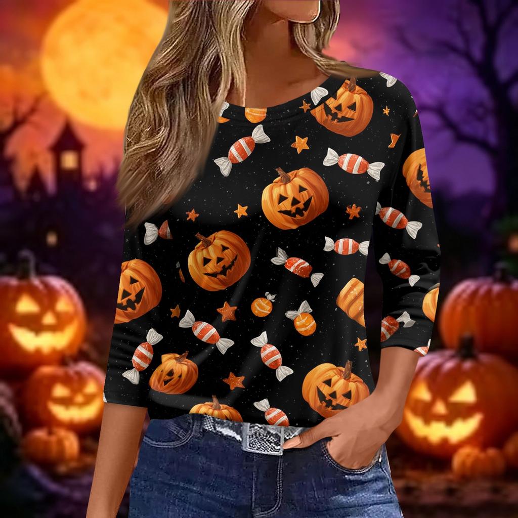 Women's Halloween Print 3/4 Sleeve Loose Fit Casual Round Neck Shirt Pumpkin Candy Pattern Top for Fall Seasonal Wear