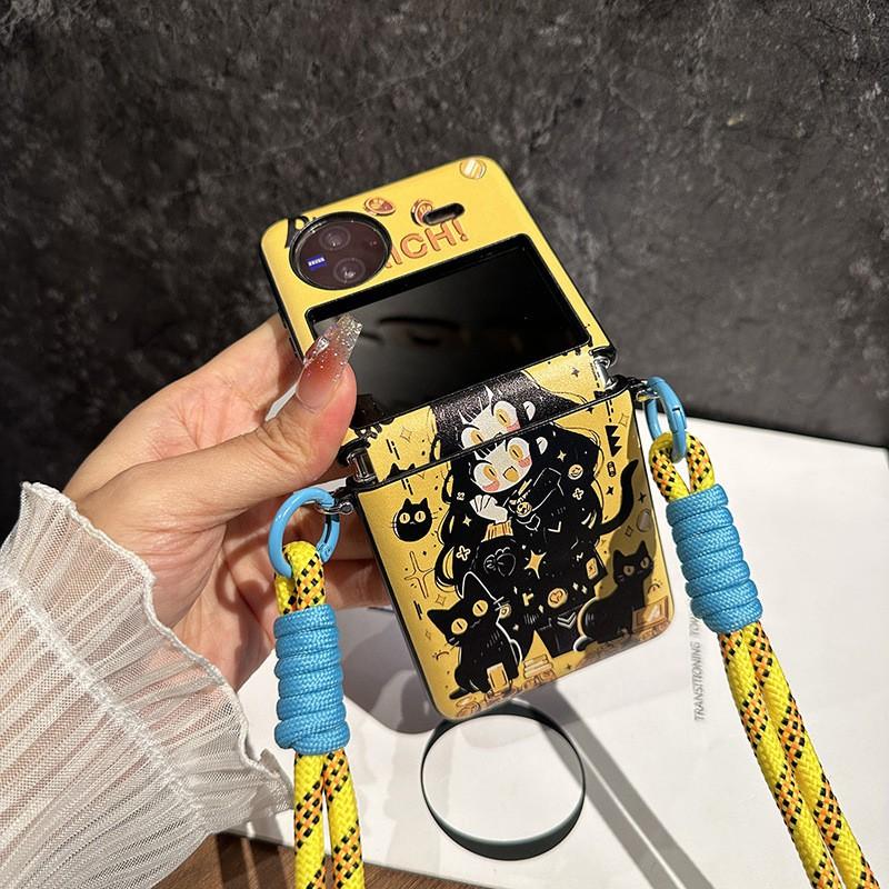 Cute Black Cat Girl Phone Case Vivo X Flip Folding Screen Leather Crossbody Strap Ins Style Shockproof