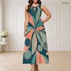 Women Plus Size Round Neck Triple Keyhole Cutout Sleeveless Abstract Floral Leaf Printed Long Dress