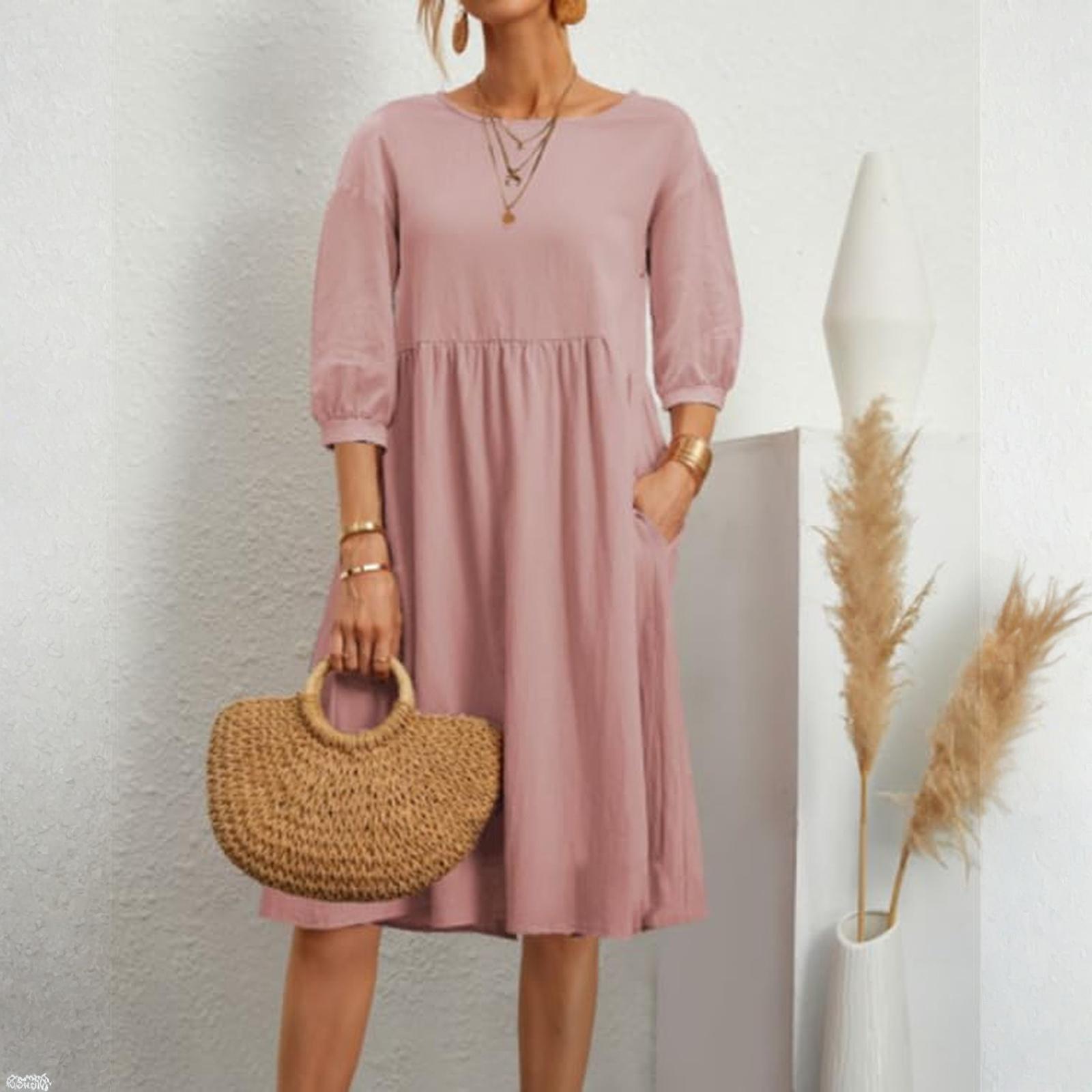 

Women s Fashion 3/4 Sleeve Dress Solided Color Lanterned Sleeve Pleated Loose Cotton Linen Pocket Dress L рожевий