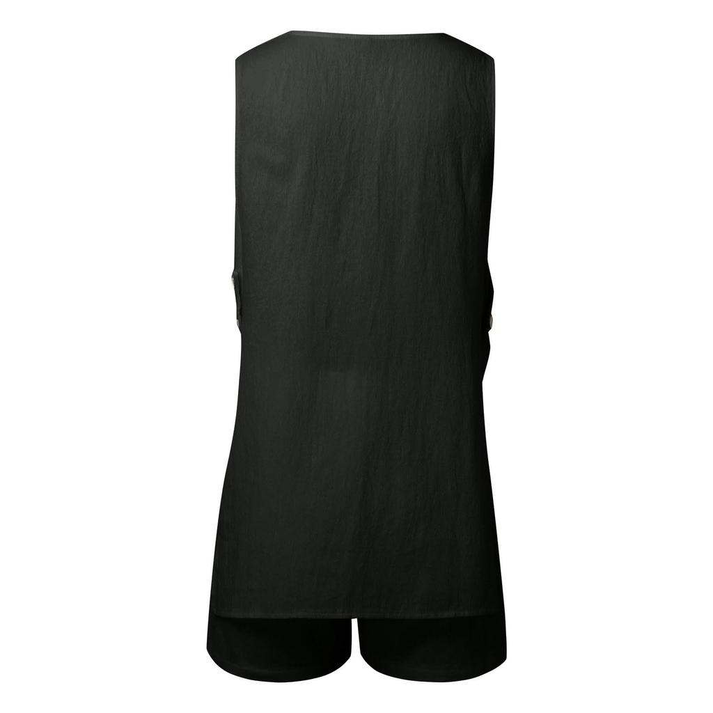 Damen V-Ausschnitt Seitlich Ausgeschnitten Knopfleiste Ärmelloses Oberteil Und Baggy Shorts Zweiteiliges Set