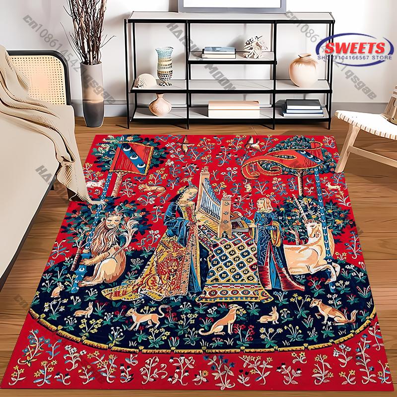 

3D Medieval Classic The Lady and The Unicorn Printed Carpet Living Room Bedroom, Office Areas Rug, Vintage Art Style Mat Gift 40x60cm