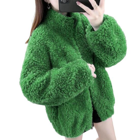 Winter Lady Coat Thickened Double-sided Faux Fleece Solid Color Stand Collar Neck Protection Letter Decor Long Sleeves Keep Warm Outdoor Travel Jacket