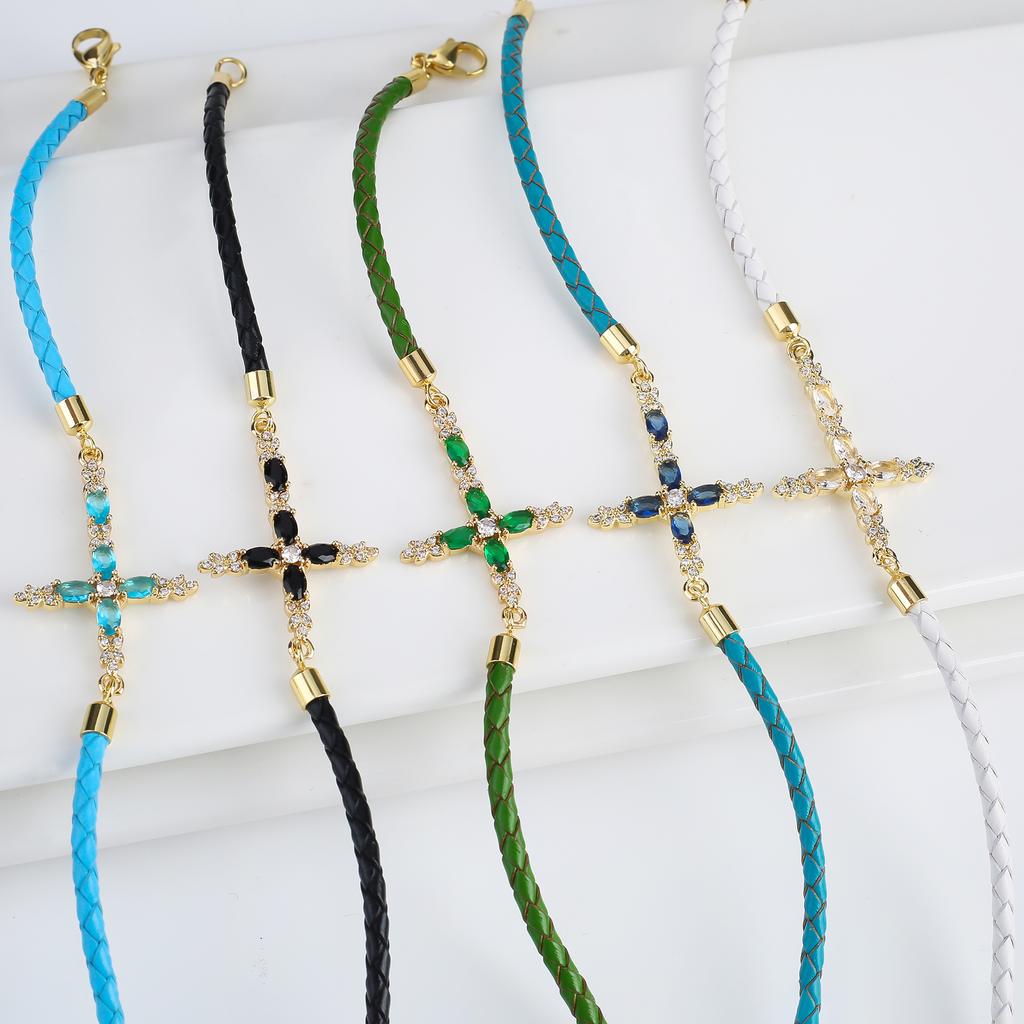 6 Color Classic Religious Crystal Zircon Cross Leather Braided Adjustable Bracelet Charms for Men Women Jewelry Gift Daily Wear