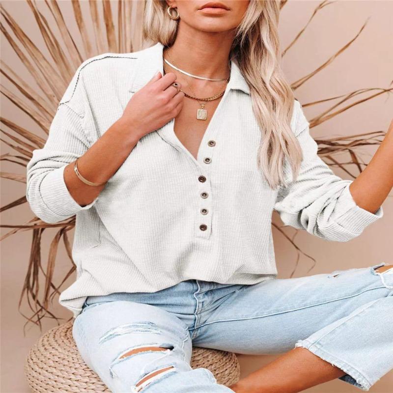 JPNTKY Women's Fashion Casual Solid Color Print Long Sleeve POLO Neck Blouses & Shirts