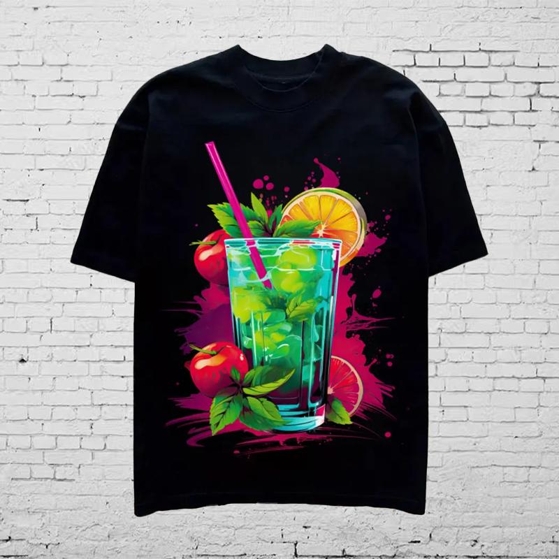 New Summer Men's Fashion T-shirt Personality Fruit Juice Beverage Printed Men's T-shirt Top