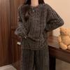 Coral Fleece Jacquard Pajamas Set Women Autumn Winter Fleece Thickened Warm Crew Neck Cable Knit Loungewear Wearable Outside