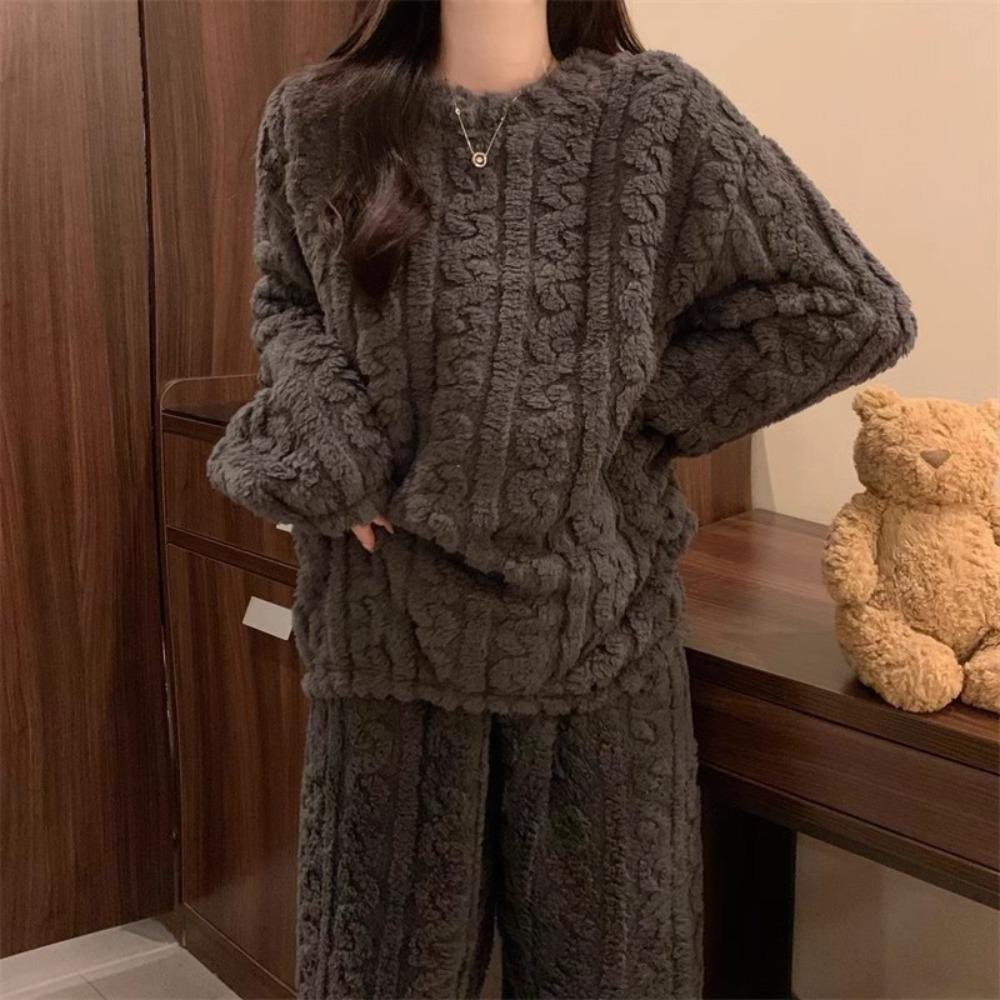 Coral Fleece Jacquard Pajamas Set Women Autumn Winter Fleece Thickened Warm Crew Neck Cable Knit Loungewear Wearable Outside
