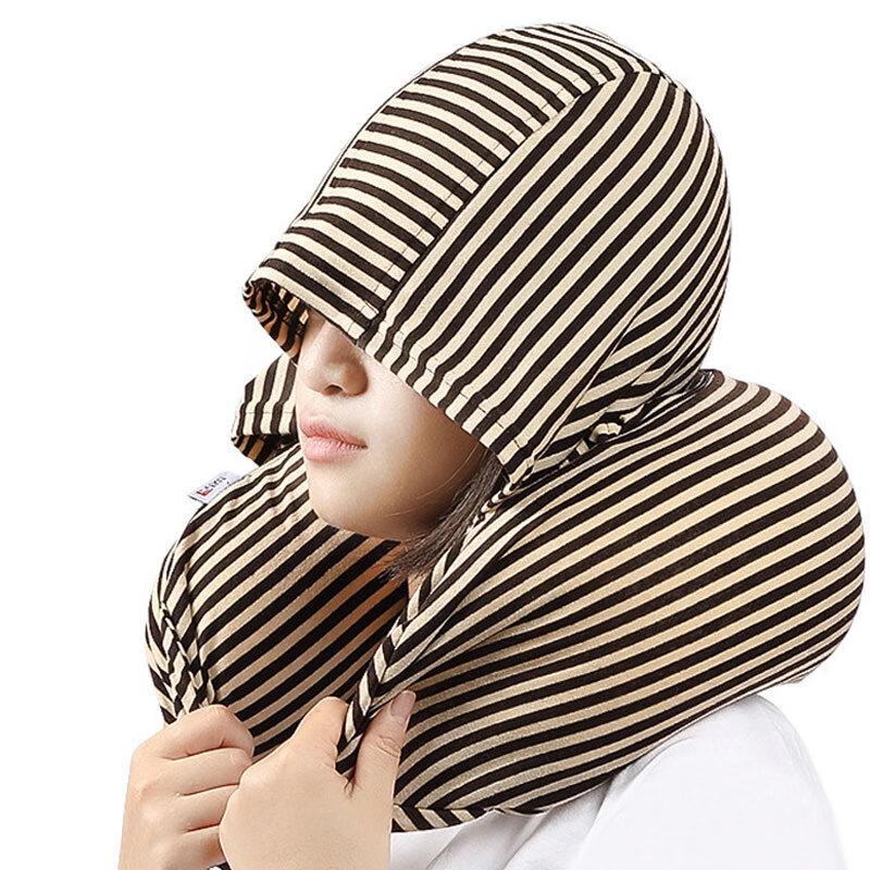 FeloLin Portable Striped U-Shaped Travel Pillow with Hood