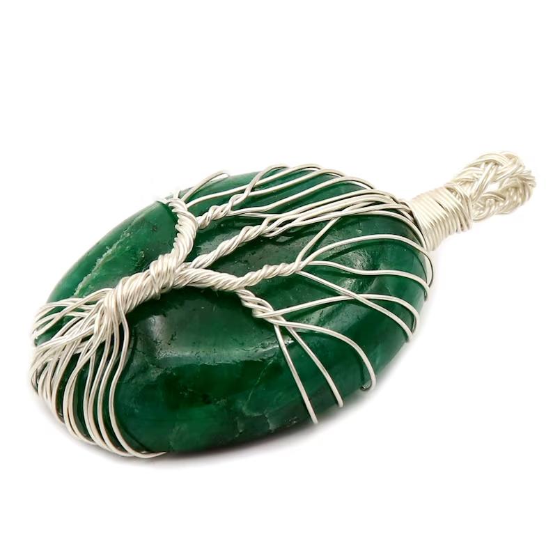 Emerald Gemstone Necklace Sterling Silver Pendant Wire Wrapped Emerald Jewelry