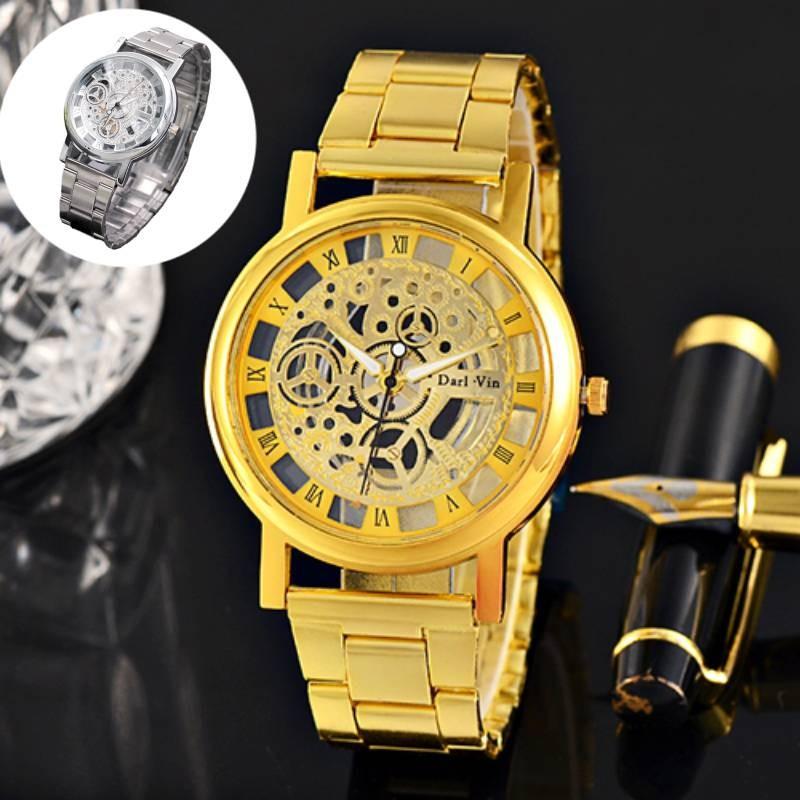 Elegant Geneva Alloy Case Men's Watch With Transparent Dial And Steel Band Stylish Design