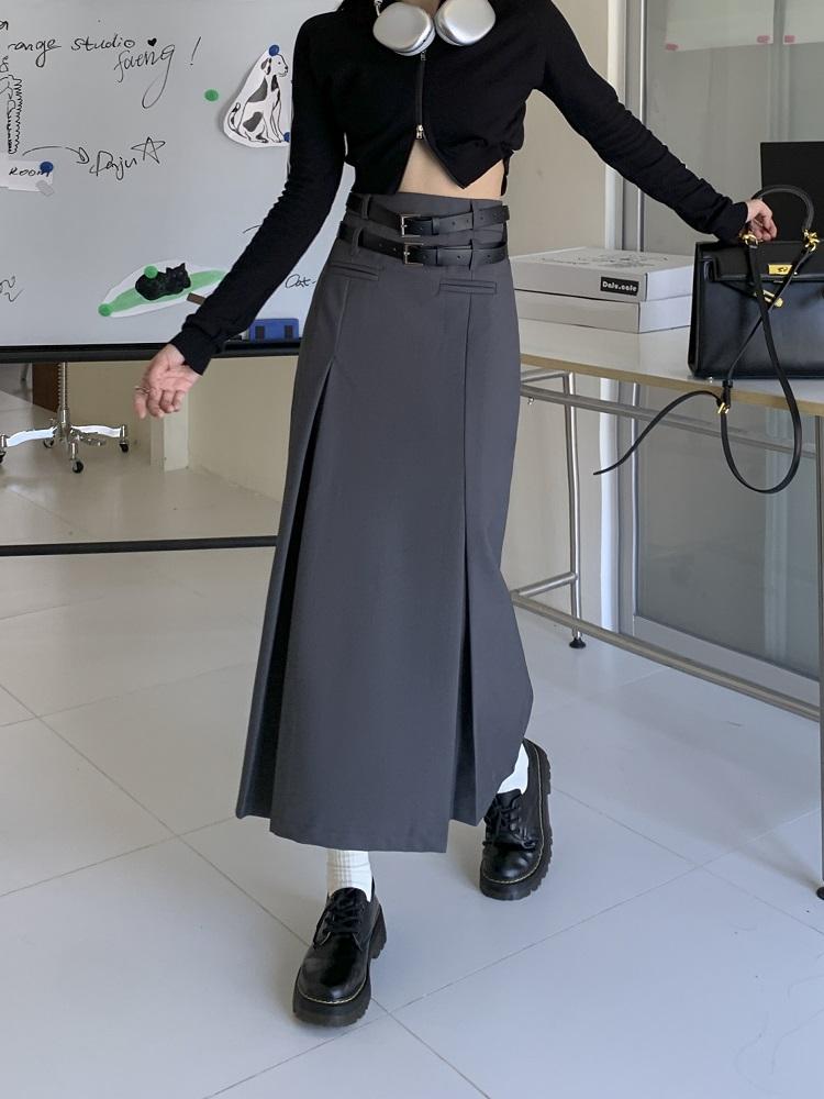 Vintage Belt Long Skirt Women Autumn 90s Aesthetic Streetwear Y2k High Waist Slim A-line Pleated Skirt Korean Style