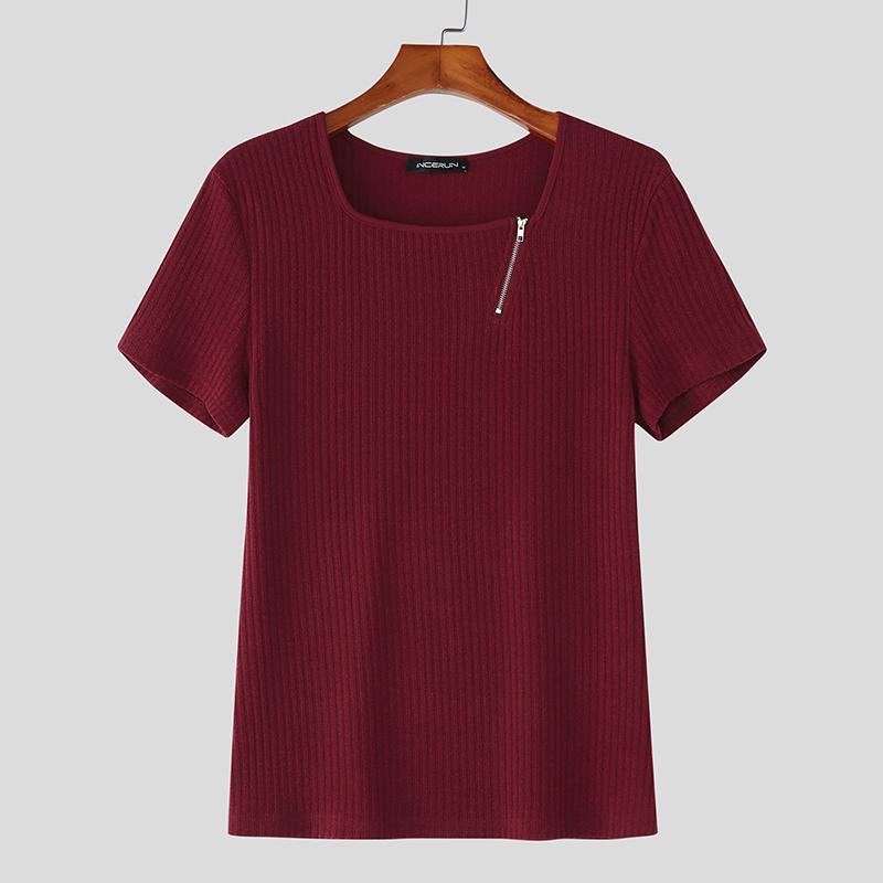 INCERUN Summer Men Square Collar Short Sleeve Zip-up Casual Rib Skinny T-shirts