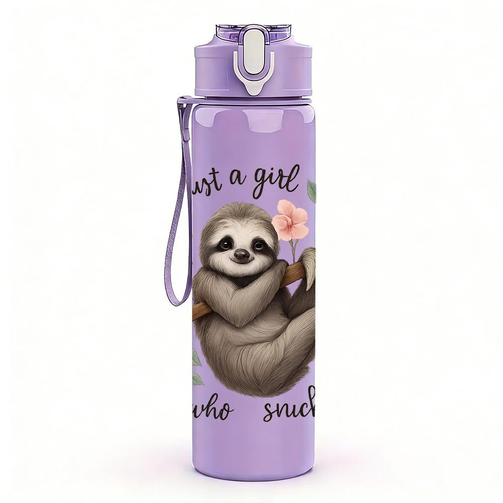 1PC Sloth Holding Flower Print 750ml Color Plastic Sports Water Bottle Leakproof Flip Straw Lid Suitable for Sports Office Home Use