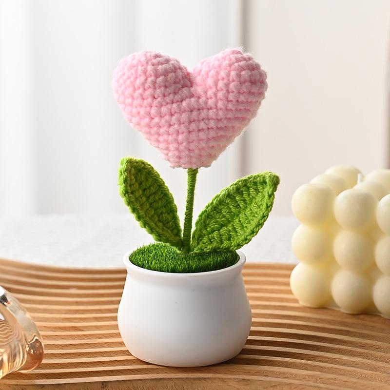 Crochet Flowers Cute Little Heart Potted Artificial Flowers Home Decoration For Living Room Bedroom Desktop Decor Birthday Gifts