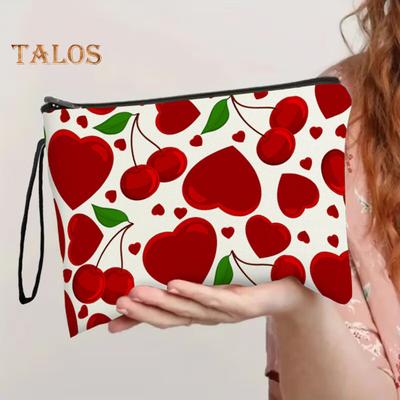 Kosmetik-Aufbewahrungstasche mit Herz- und Kirschblüten-Druck, kontrastfarben, Make-up-Organizer, Reißverschluss, großes Fassungsvermögen, tragbar, mit Aufhängegurt, Kosmetiktasche
