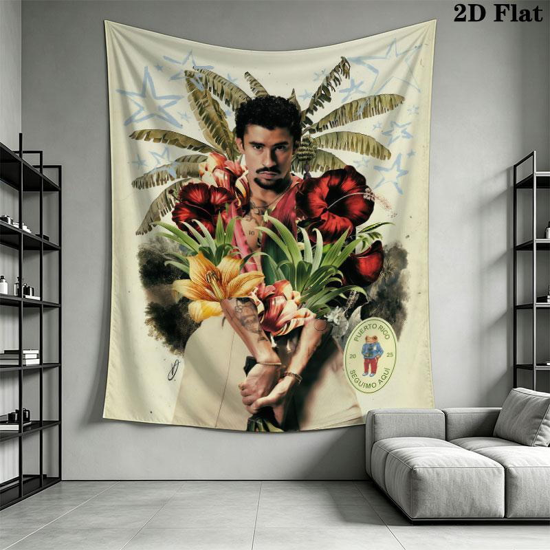 Bad Bunny Flow Wall Hanging Printed Fabric Blanket Decorative Tapestries for Bedroom Living Room Home Decor