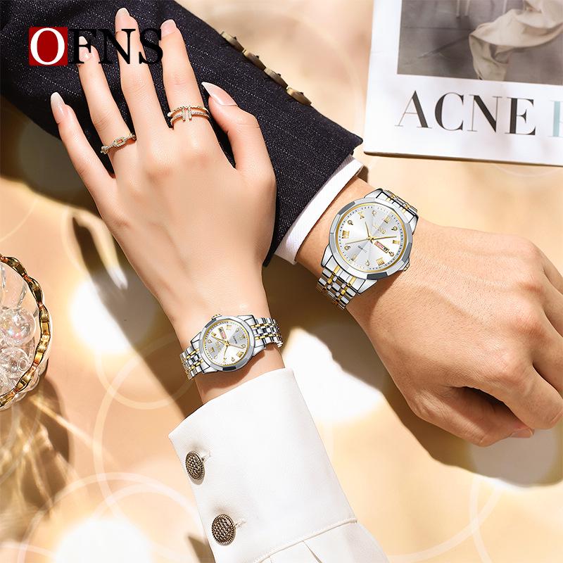 Retro Roman Numeral Double Calendar Quartz Couple Watch with Solid Steel Band, Waterproof Design for Men and Women.
