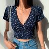 Estate Retro Floreale Con Scollo A V Manica Corta T-shirt Sottile Dimagrante Selvaggio A Vita Alta Top da Donna Stile Y2k Crop Magliette E Camicette streetwear Tshirt