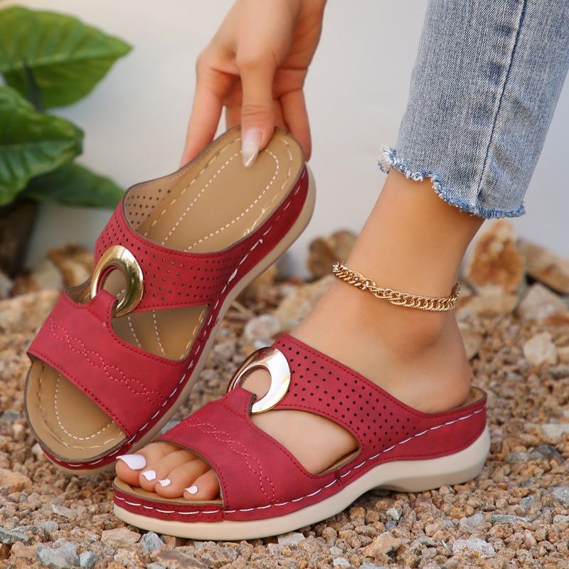 New large-size women's shoes casual one-pedal sewing line metal buckle cool slippers wedge heel thick-soled hollow slippers
