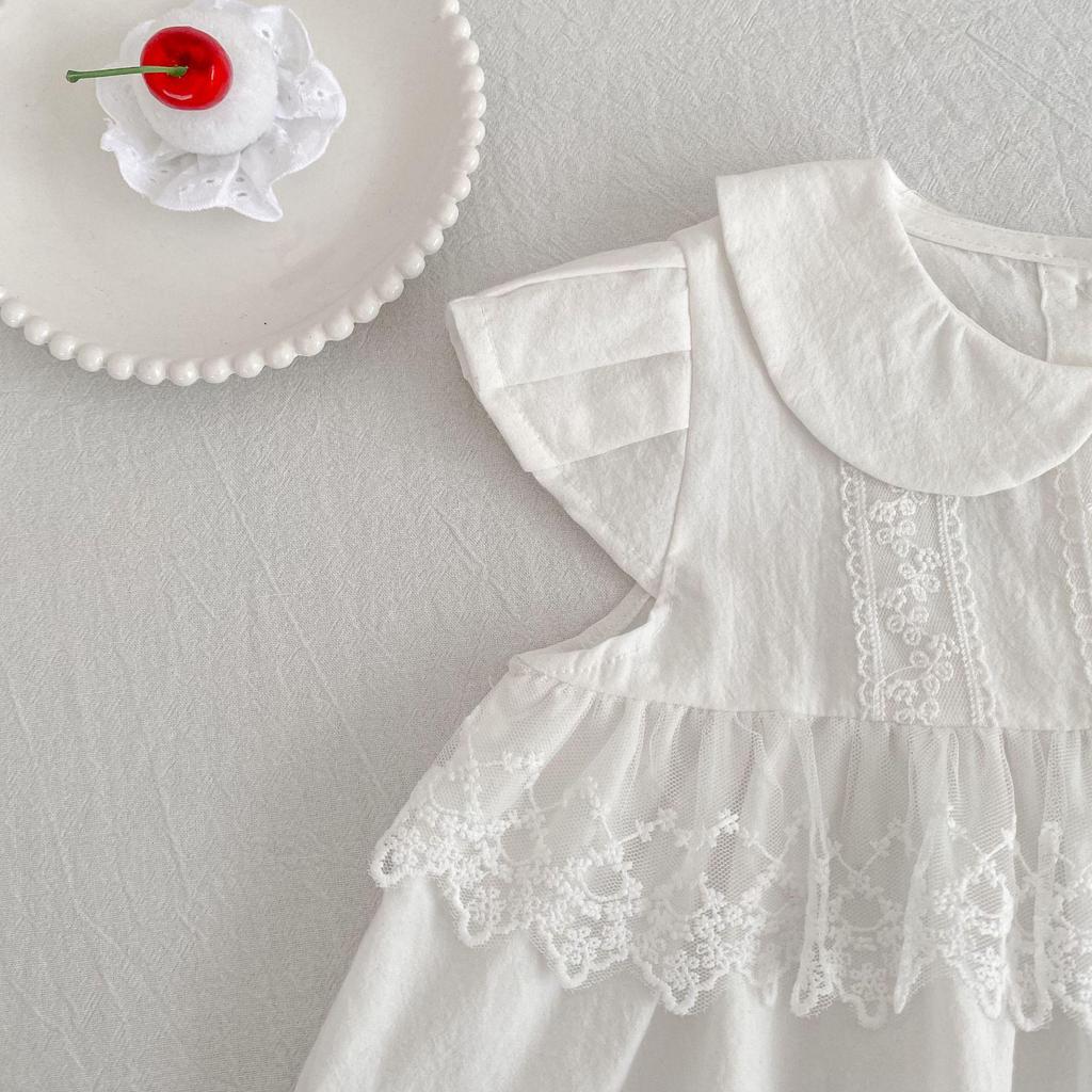 Girls' Korean Style White Flutter Sleeve Cotton Dress - Summer New Arrival Princess Dress