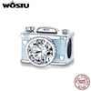 WOSTU 925 Sterling Silver Shiny Zircon Blue Camera Photograph Beads DIY Women Bracelet