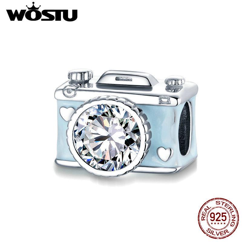 WOSTU 925 Sterling Silver Shiny Zircon Blue Camera Photograph Beads DIY Women Bracelet