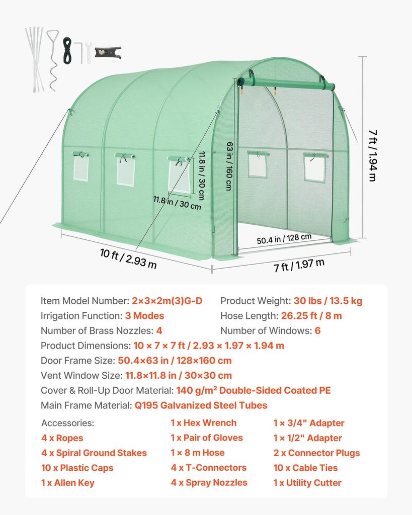 Walk-in Tunnel Greenhouse, 2.93x1.97x1.94 M Hoop House Greenhouse Tunnel with Watering System, Plant Hot House with Steel Frame, PE Cover, Roll-Up