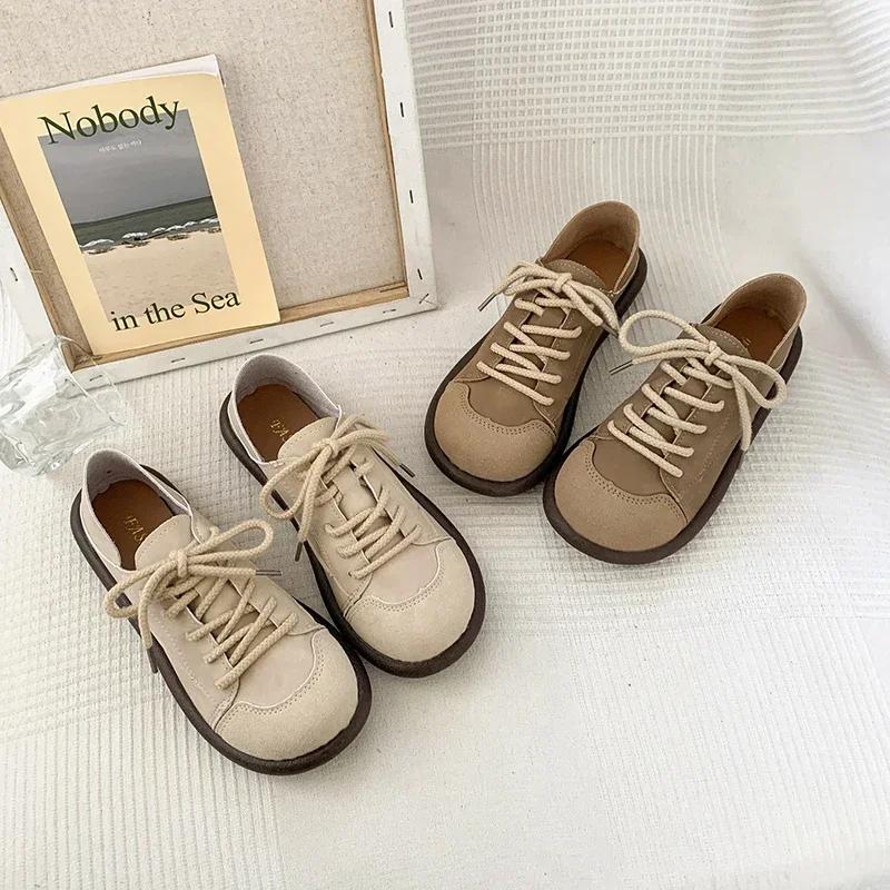 Fashion 2025 Spring and Autumn New Fashion Versatile Round Toe Shoes Women's Soft Sole Lace-Up Casual Simple Splicing Retro Flat Shoes