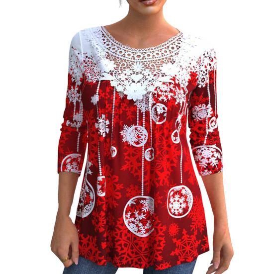 O-Neck Long Sleeves Lace Stitching Christmas Top Women Snowflake Theme 3D Printed Blouse Streetwear