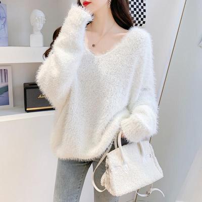 Women's Faux Mink V-Neck Pullover Sweater