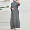 ZANZEA Women Casual Round Neck Loose Long Sleeve Pleated Dress