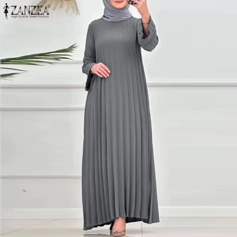 ZANZEA Women Casual Round Neck Loose Long Sleeve Pleated Dress