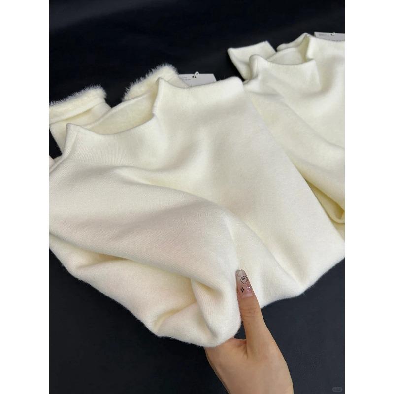 Thickened integrated fleece warm sweater women's semi-turtleneck stacked inside top autumn and winter fleece bottomed knitted sweater