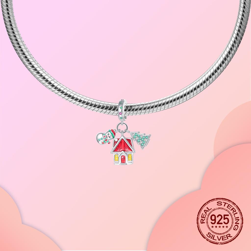 copper Christmas Snowman Tree Gingerbread House Pendant Charm Compatible With Authentic Charm Bracelets Women Do It Yourself Jewellery Gift