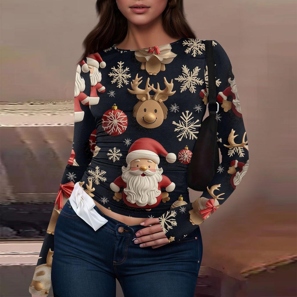 T-shirt à manches longues pour femme, mode décontractée, col rond, imprimé Noël