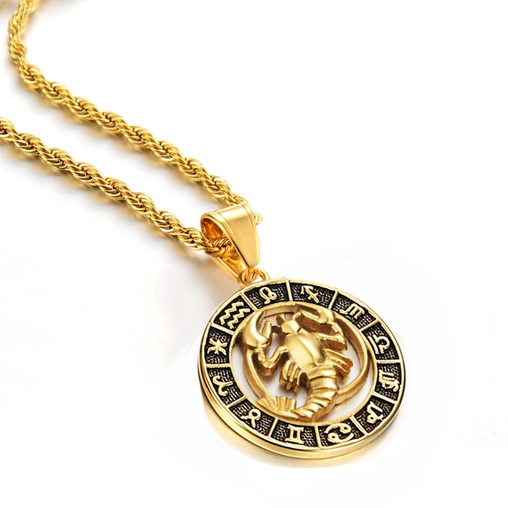 Scorpio Aries 12 Constellation Pendant Necklace Gold Color Stainless Steel Chain For Men Women Zodiac Jewelry Birthday Gift