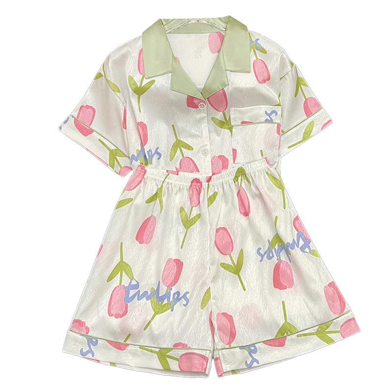 Fresh Tulip Pattern Pastoral Style Popular Women'S Summer Short-Sleeved Shorts Loungewear Two-Piece Set