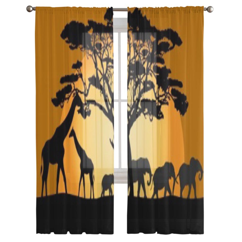 Landscape Animals Elephant Giraffe Tree Chiffon Sheer Curtains for Living Room Bedroom Window Curtain Voiles Tulle Cortinas