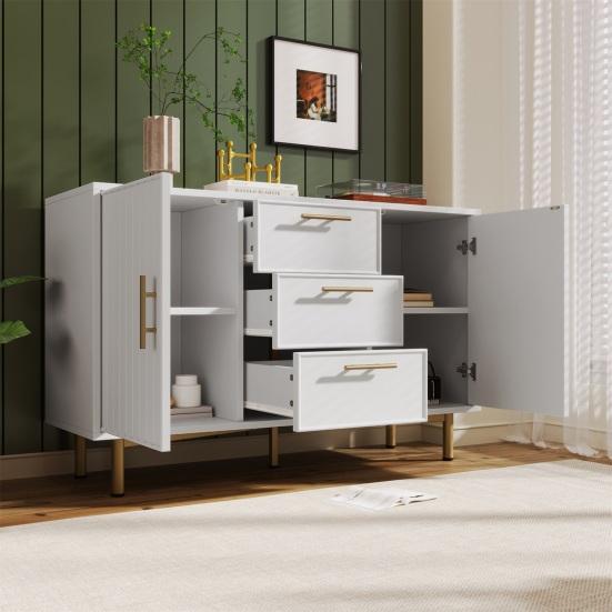 Makeup Desk Dressing Table with 2 Drawers Golden Handle Decorative Ribs Metal Frame Modern White Easy Assembly Bedroom Side Narrow Console Vanity