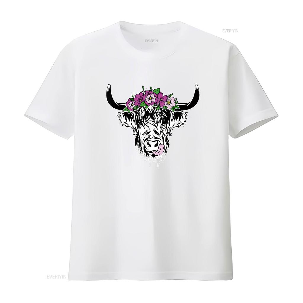 Damen Schottische Hochlandkuh Rinder Haarige Blumen Damen T-Shirt Schwarz Vintage Gewaschen Designer-Kleidung Dehnbar Mode