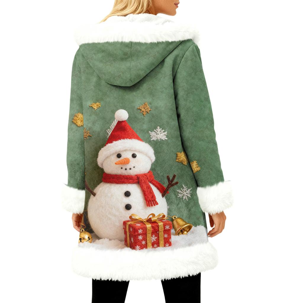 Unisex Casual And Fashionable Plush Collar Hooded Long Sleeved Christmas Printing Jacket