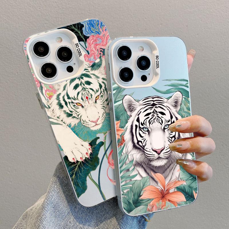 Ferocious Animal White Tiger Pattern Laser Phone Case For iPhone 11 12 13 Mini Pro Max 16 15 14 Plus Pro Max Back Coque Fundas