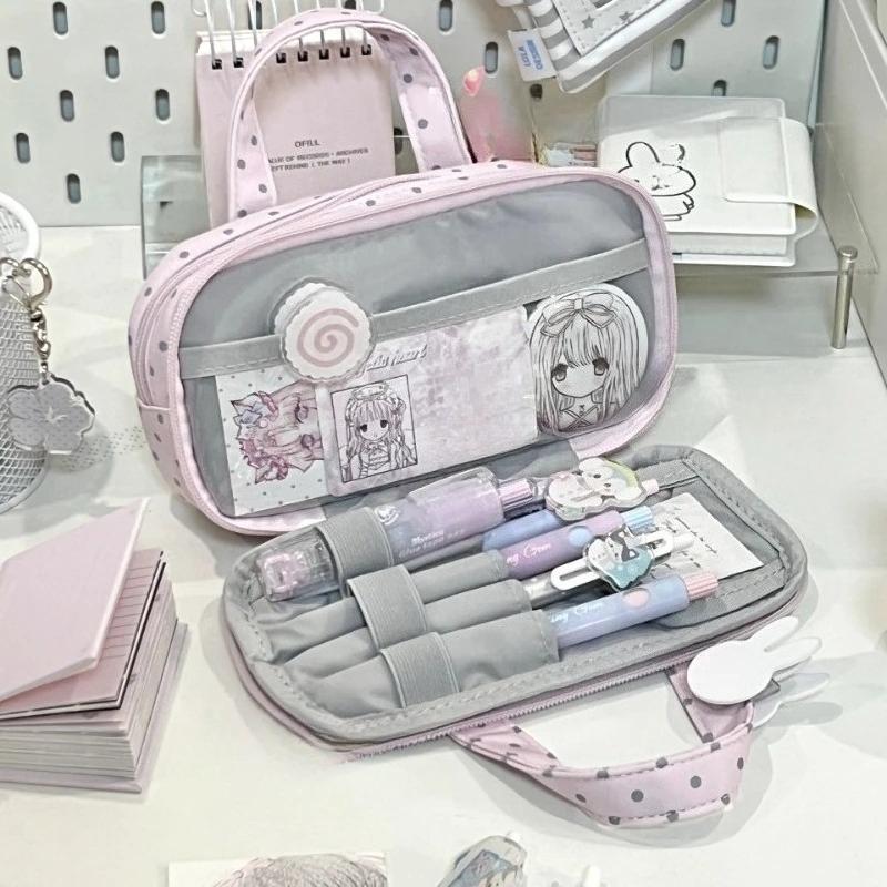 Pink Plaid Polka Dot Pencil Case Large Capacity Multi-Layer Pen Pouch for Middle School Girls Handheld Stationery Organizer