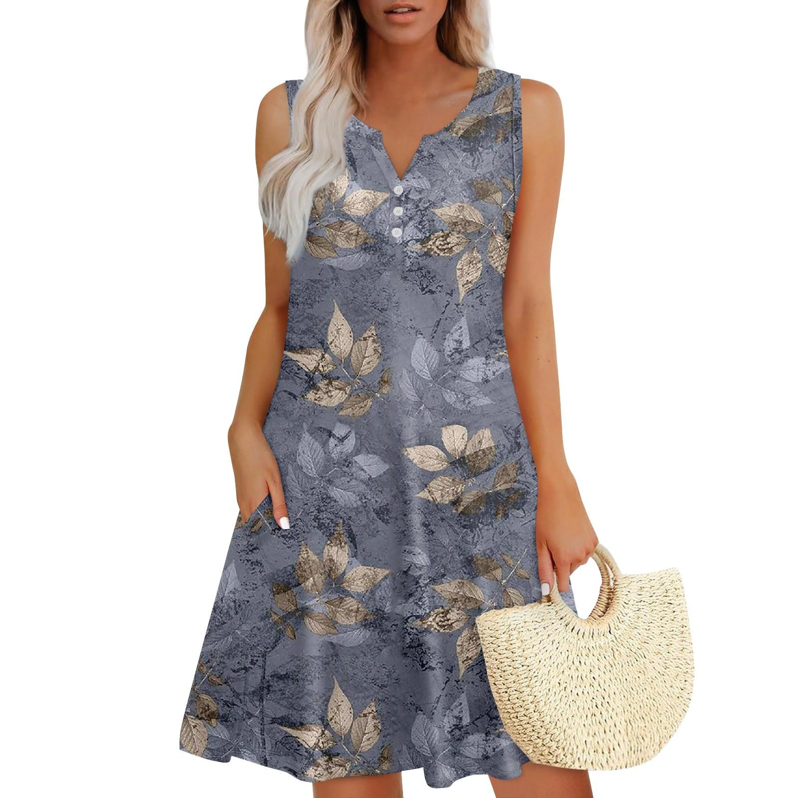 

Женские летние платья Свободные сарафаны без рукавов с V-образным вырезом Платье с карманами L