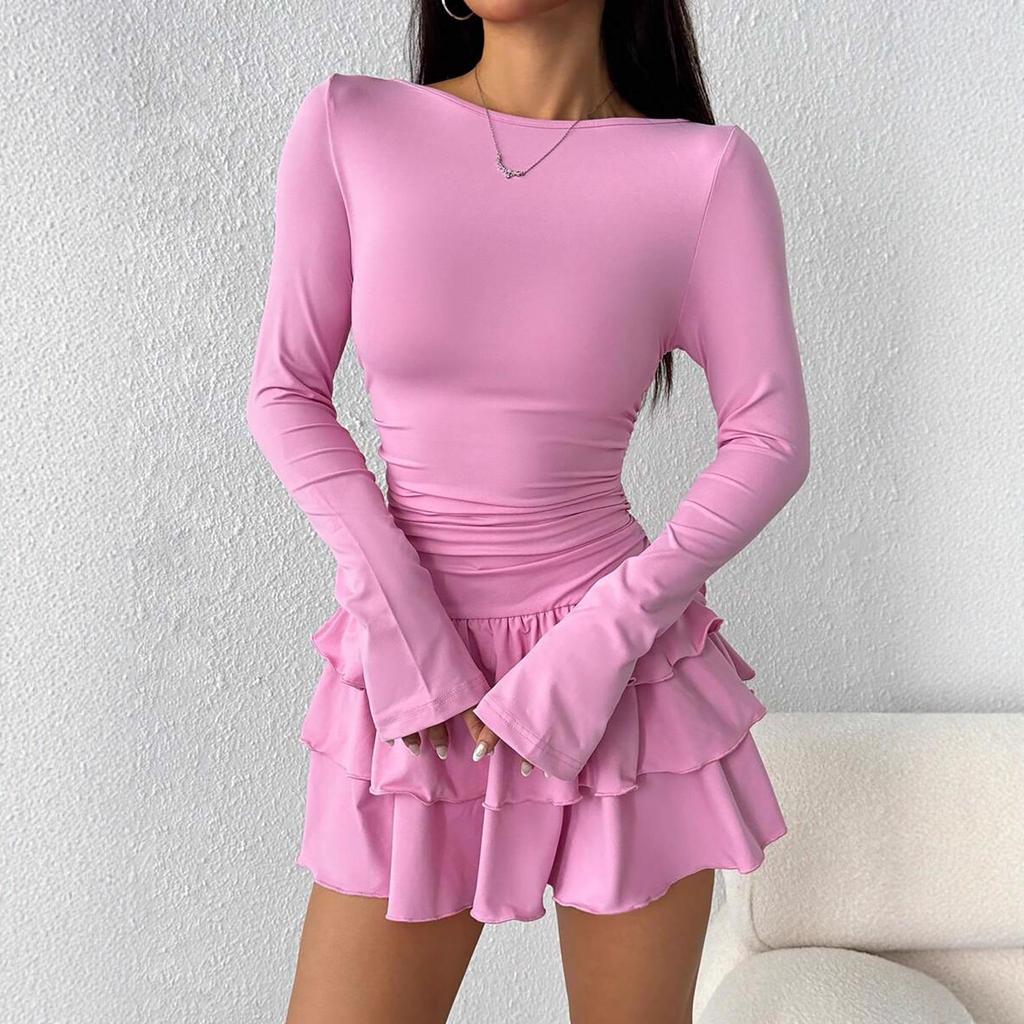 Women's Autumn/Winter Long Sleeve Slim Fit Dress - Solid Color, Elegant & Feminine