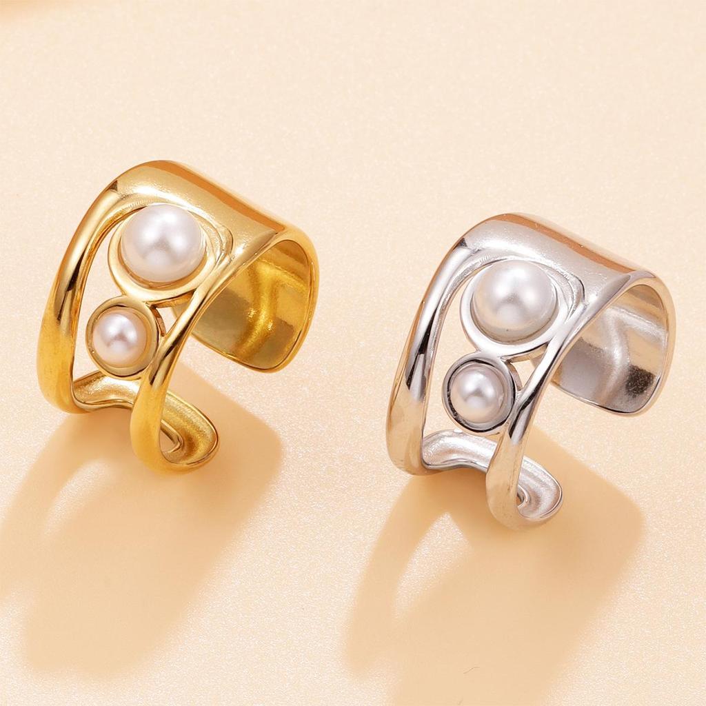 French Romantic Geometric Pearl Open Ring - Women's 18K Gold-Plated Stainless Steel Jewelry