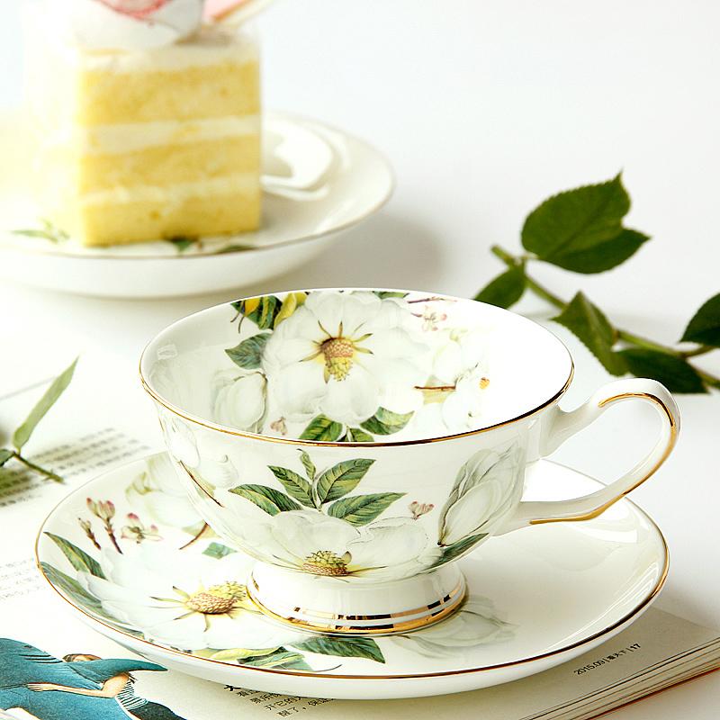 Bone China Cup and Saucer Set 240ml White Camellia Gold Trim with Spoon for Tea